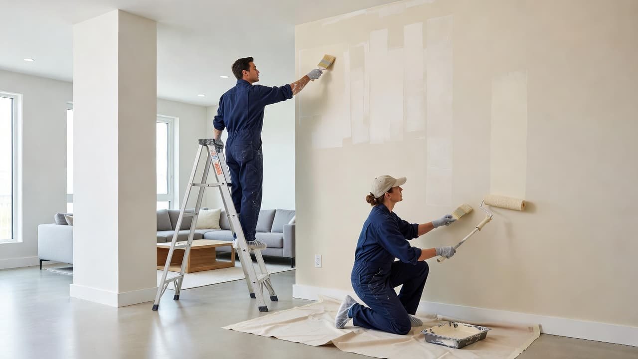 Two painters in clean uniforms meticulously apply fresh paint to living room walls using rollers and brushes. The sunlit space features neat drop cloths and equipment for a high-quality home finish.