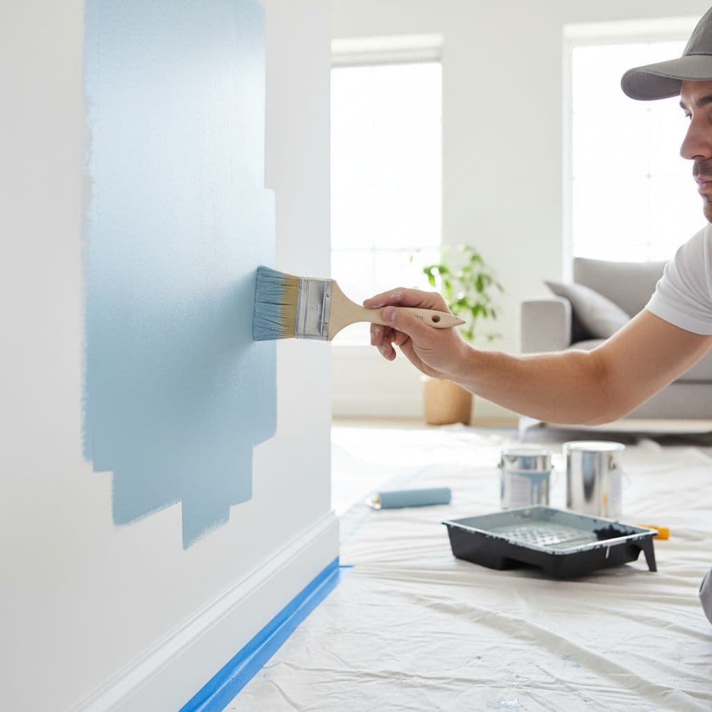 A focused painter wearing clean work clothes applies white paint to a wall using a brush. The bright living room features drop cloths on the floor and neatly organized supplies.