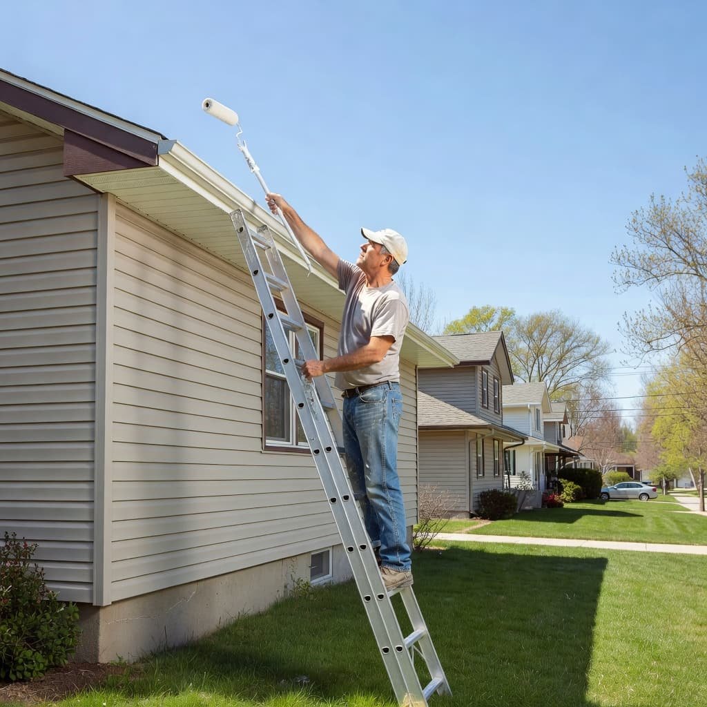 A contractor climbs a long ladder to reach the wooden soffits of a suburban home. He wears professional work clothes while applying a fresh coat of white paint under clear skies.