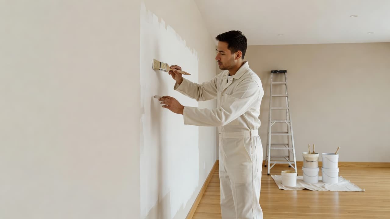 A skilled painter in clean work clothes carefully applies fresh paint to a living room wall using a precision brush. Pro-grade supplies are neatly arranged on the floor nearby.