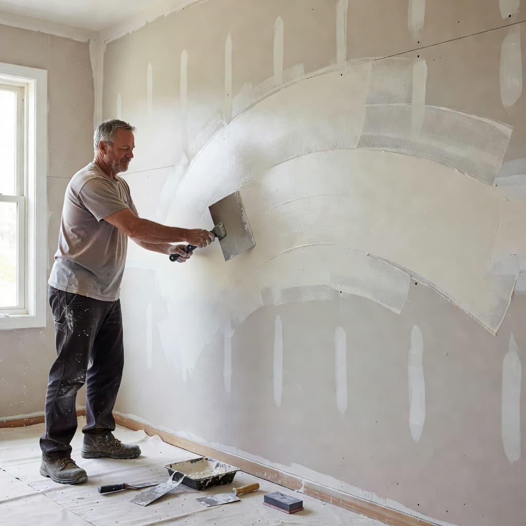 Skim Coating Cost in Minneapolis for Interior Painting Prep 2 A skilled painter uses a wide metal blade to apply a smooth layer of joint compound onto a residential wall. Bright natural light highlights the fine texture of the wet finish.
