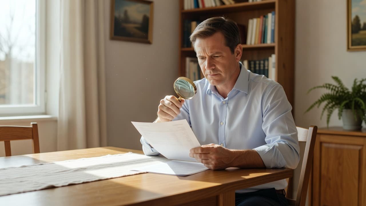 A person sits at a wooden dining table, carefully examining a paper document through a handheld magnifying glass. Soft sunlight illuminates the home interior, highlighting their focused and concerned facial expression.