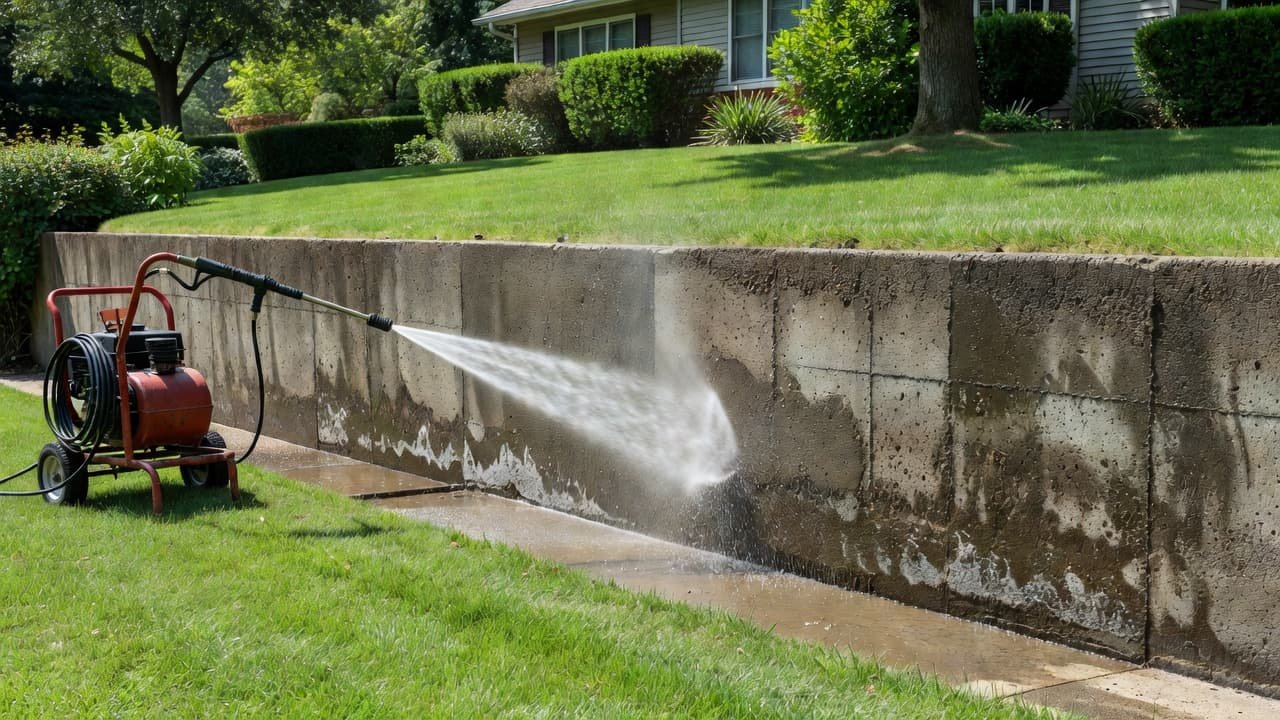 Exterior Foundation Painting Cost in Minneapolis 2026 2 A high-pressure washer sprays water across a gray concrete foundation wall, removing grime and surface debris. The surrounding lawn is bright with sunlight during this professional home exterior preparation process.