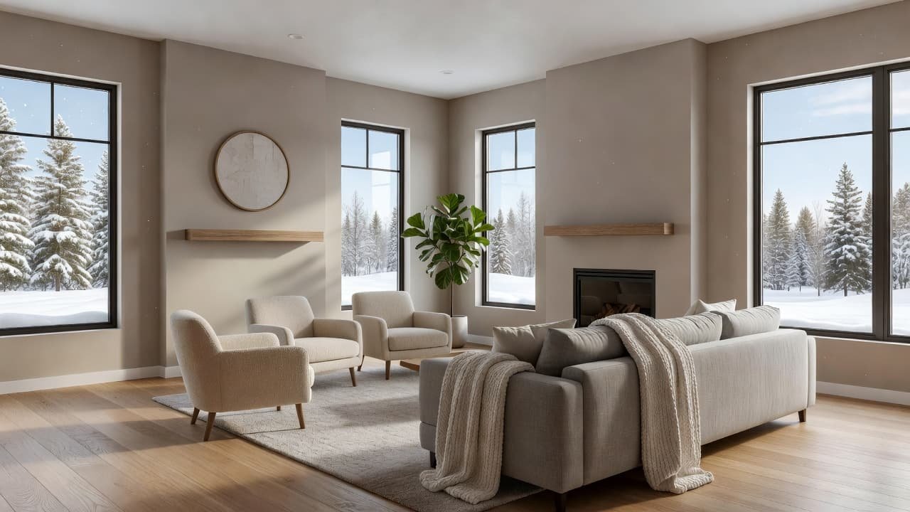 Interior Painting Prices in Minneapolis Homes for Winter 2026 2 A spacious living area features soft beige walls and clean, minimalist furniture arranged on a plush area rug. Sunlight streams through large windows, highlighting the warm, inviting atmosphere of the room.