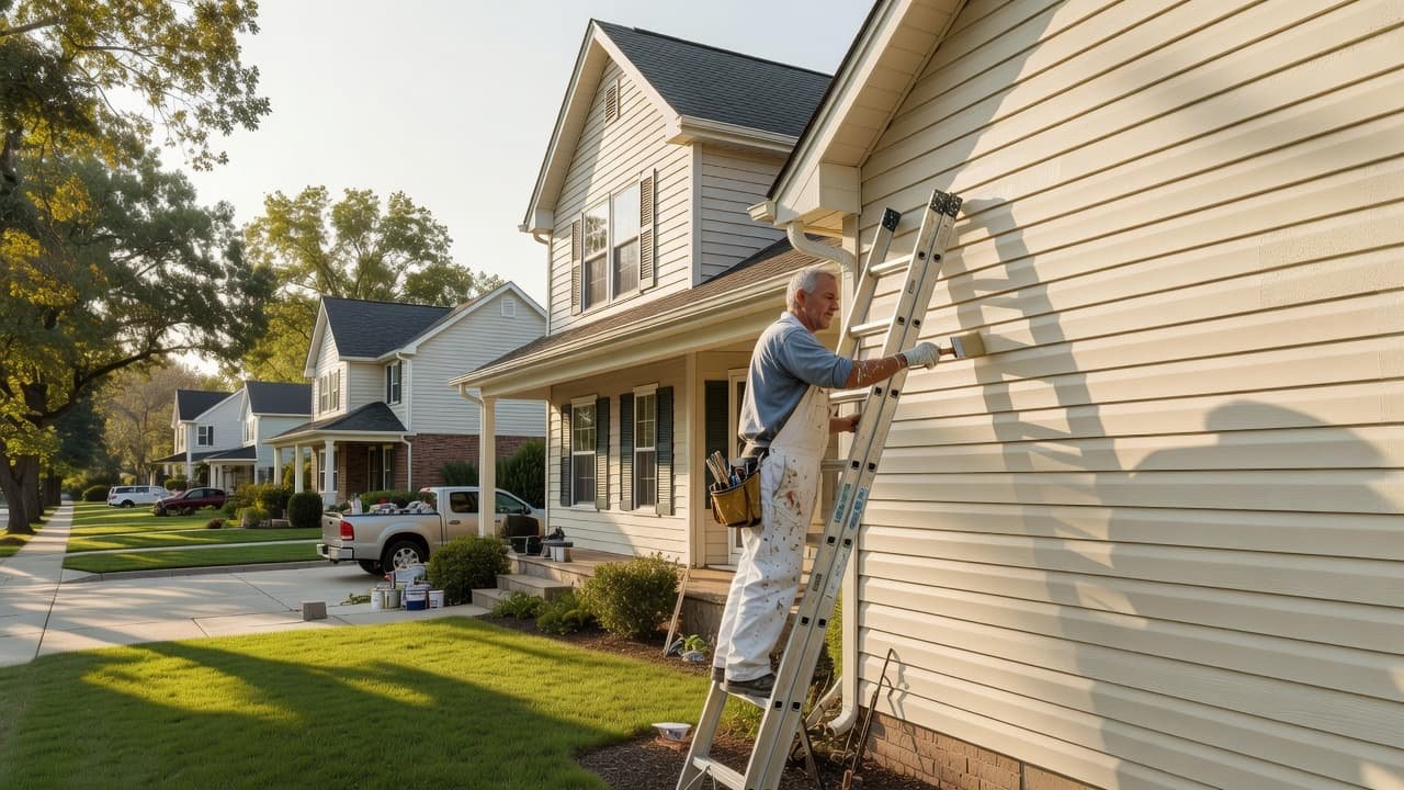 A professional painter applying fresh paint to the exterior siding of a suburban house.