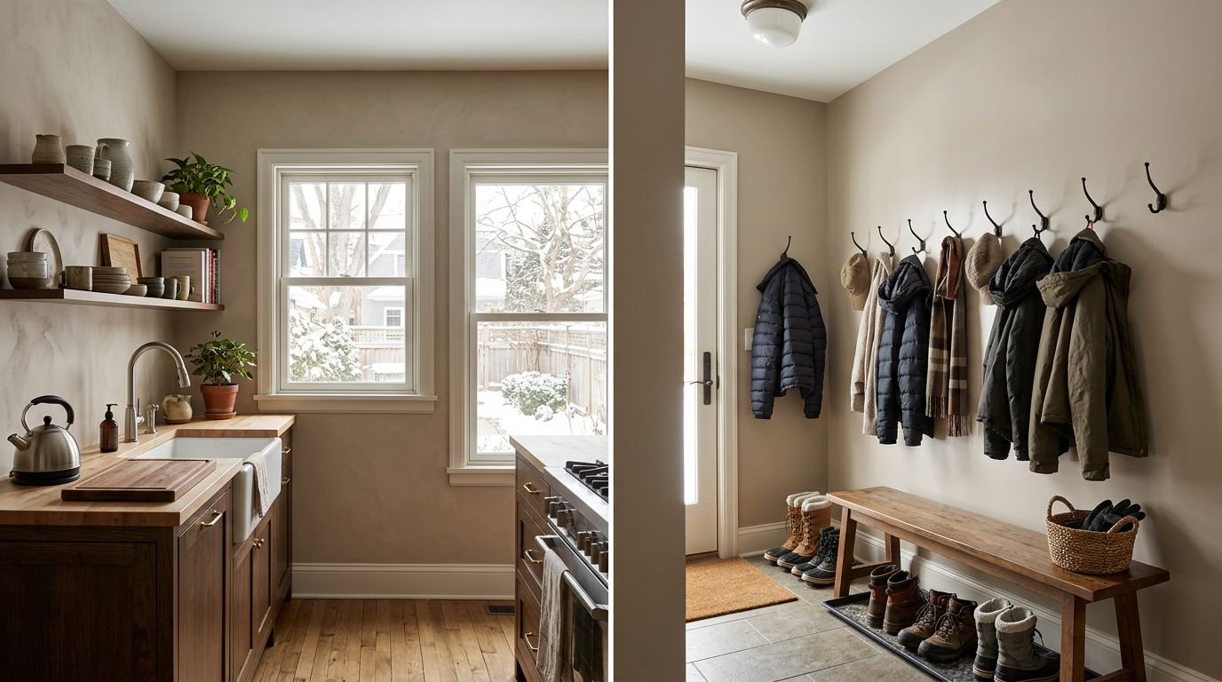 Comparison of eggshell kitchen walls and satin hallway walls in a home.