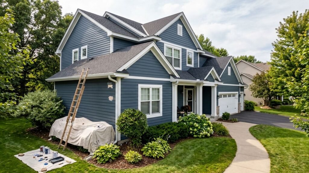 Blue house exterior with white trim and painting supplies