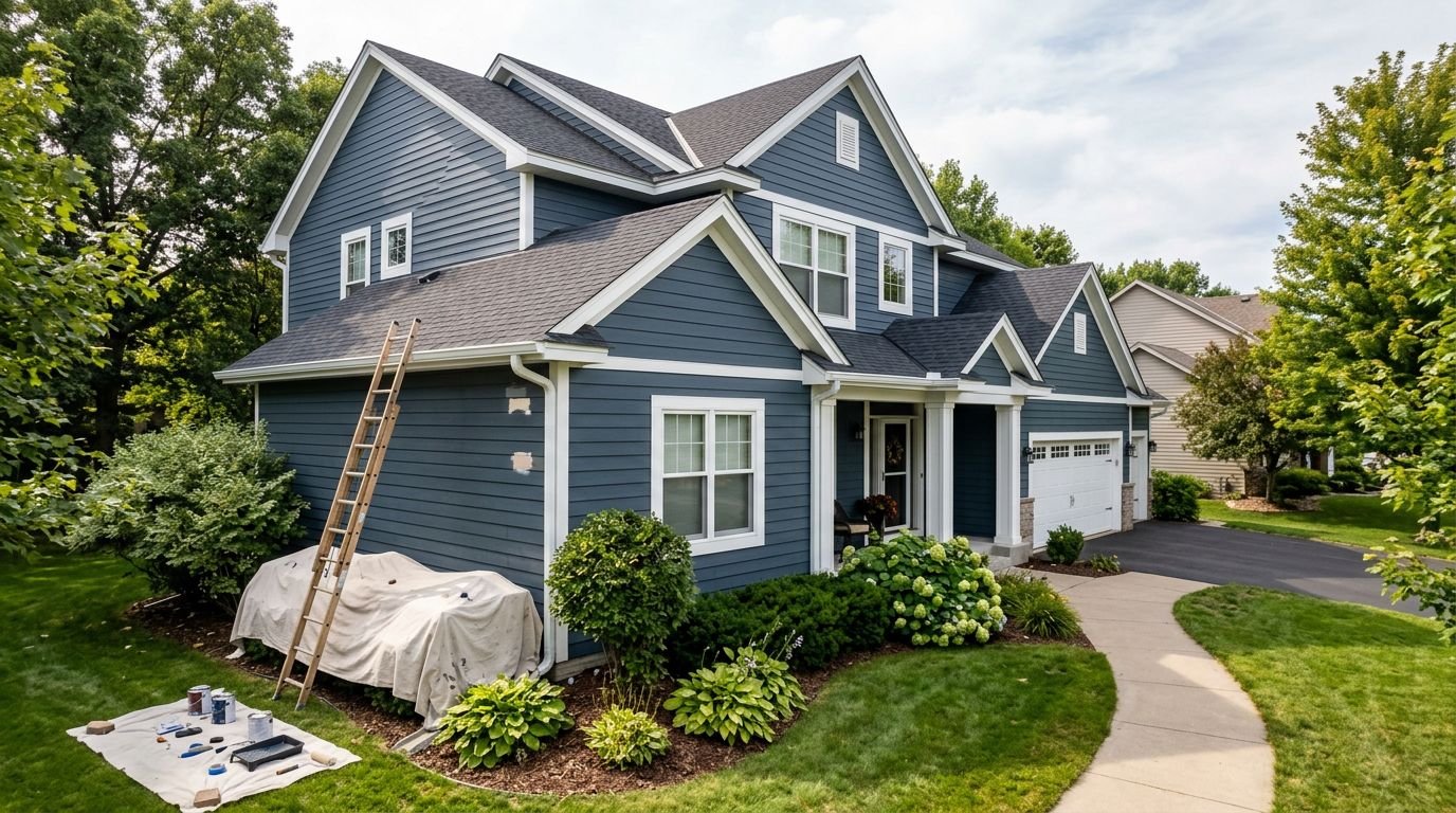 A two-story Farmington home with new slate blue siding and white trim.