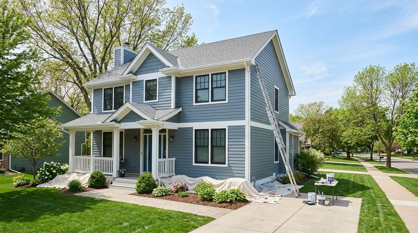 A two-story house with blue-gray siding, white trim, and a painter ladder on the lawn.