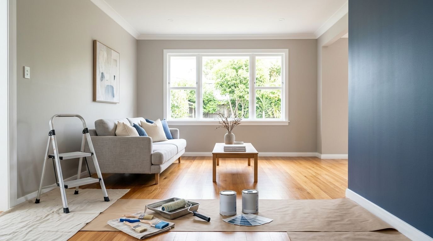 Freshly painted living room with warm-gray walls, a blue accent wall, and painting supplies on the floor.
