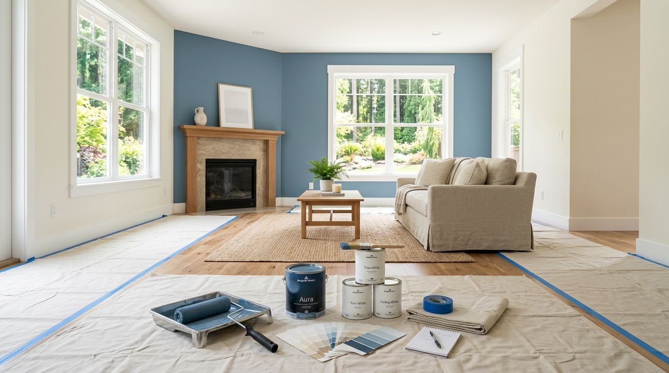 Paint cans, brushes, and drop cloths on a hardwood floor before freshly painted white and blue walls.