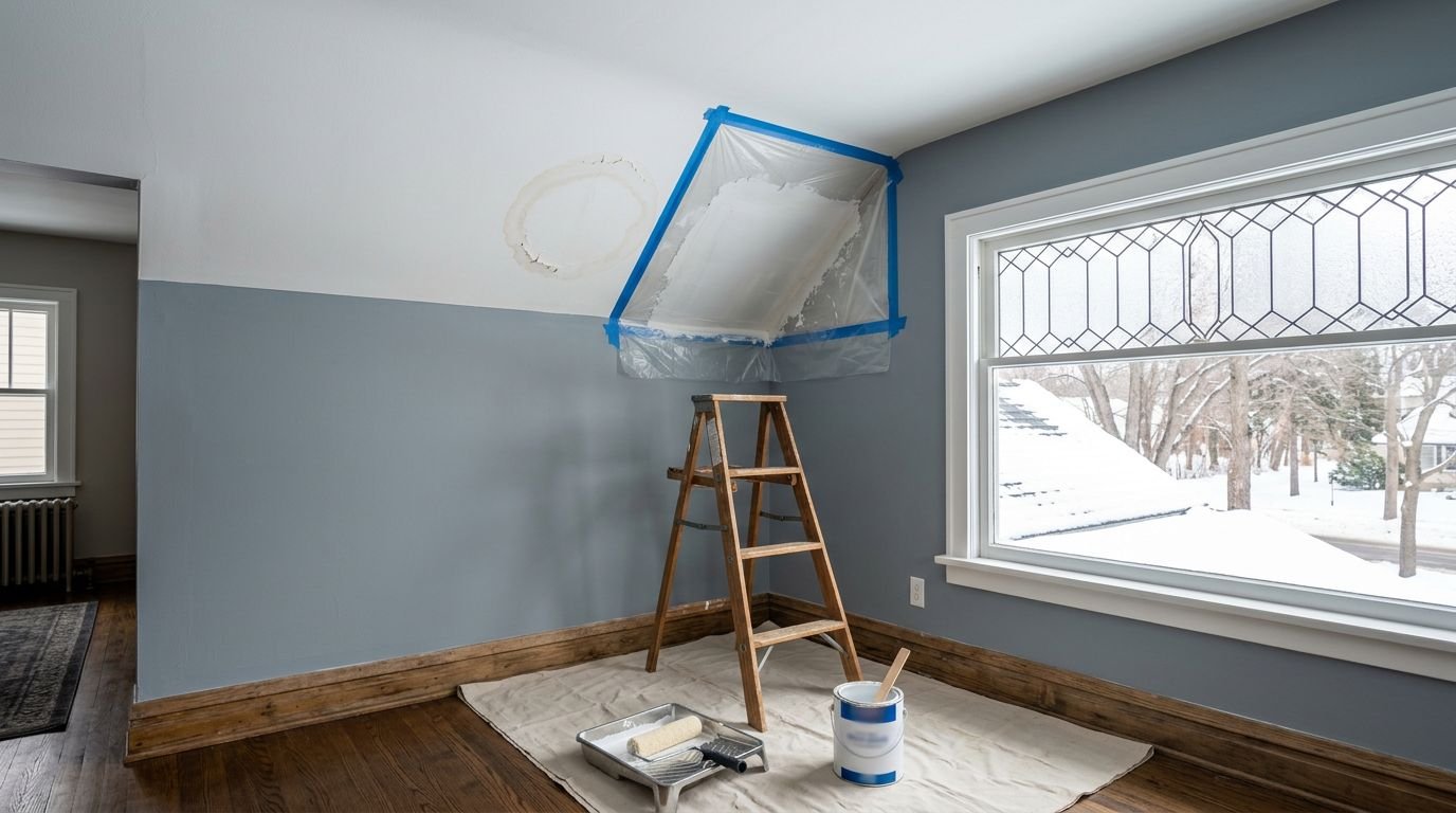 A ceiling corner with water damage and peeling paint near a repair setup with a ladder and paint tray.