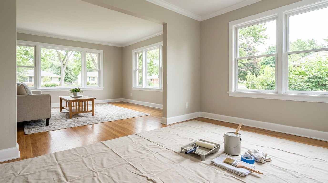 Freshly painted living room walls and white trim with painting supplies on a drop cloth.