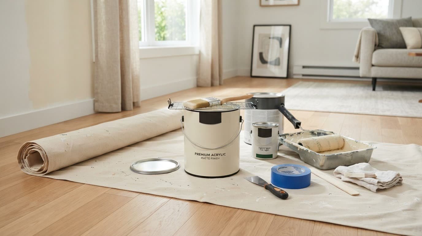 Interior House Painting Cost in Forest Lake: 2026 Prices 3 Paint cans and brushes arranged on canvas drop cloths on a sunny room floor.