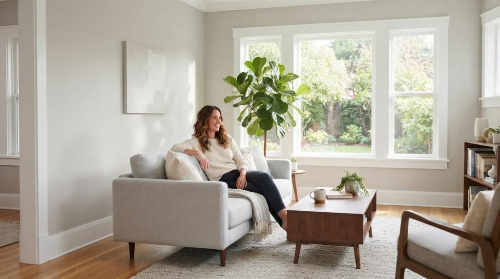 Bright living room with neutral walls and white trim