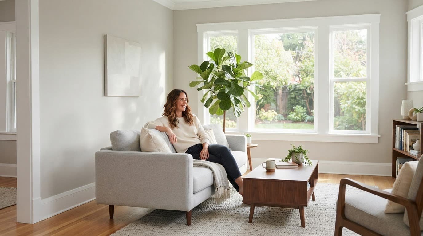 Hastings Interior Painting Cost Guide for 2026 3 One person stands in a bright living room with neutral walls and crisp white trim.