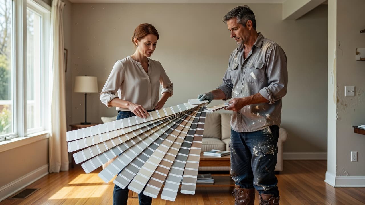 Minneapolis Paint Color Consultation Fees Before a Whole-Home Repaint 2 A professional painter shows paint swatches to a woman in a bright living room.