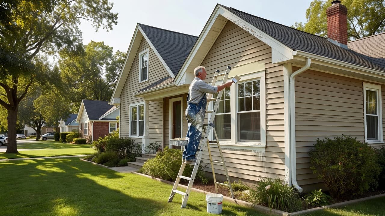 Spray vs Brush and Roll for Minneapolis Exteriors 2 A painter wearing rugged work clothes stands on a tall ladder, applying fresh white paint to the wooden trim of a classic Minneapolis suburban home on a bright, sunny afternoon.