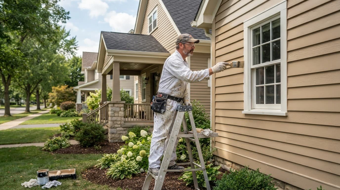 A professional painter applying fresh paint to the wooden siding of a residential suburban home.