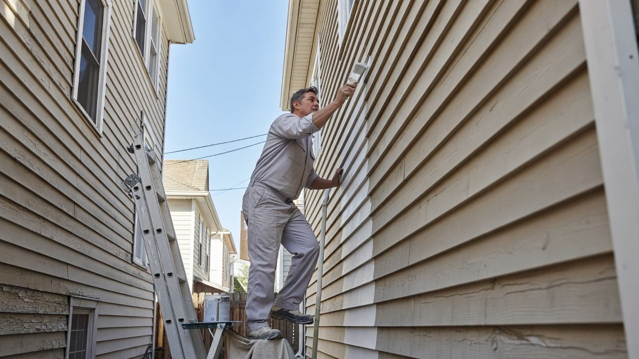Exterior Painting Cost Minneapolis Homes Pay on Tight Lots 2 A focused painter in a clean uniform carefully applies fresh white paint to siding using a small brush. He works within a narrow, shadowed alleyway between two neighboring residential houses.