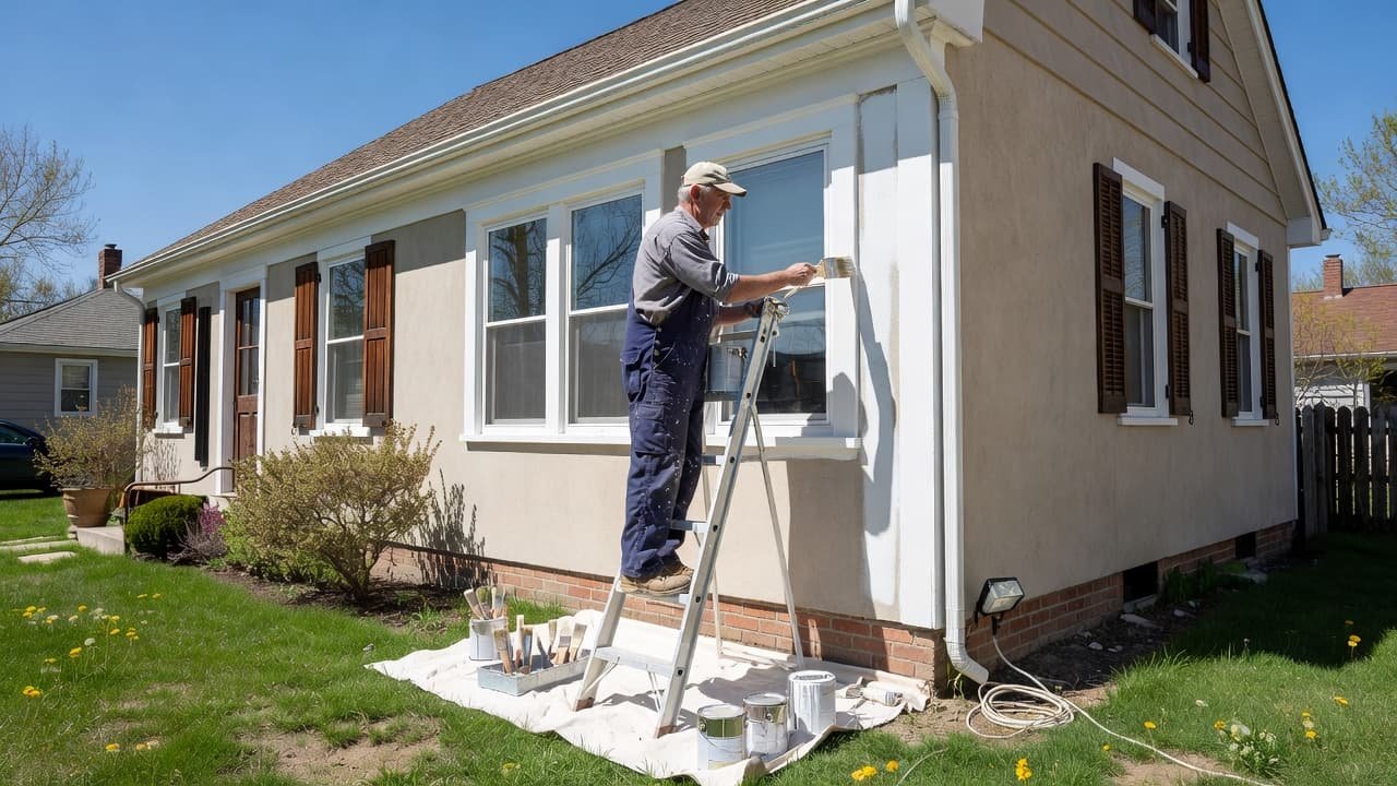Exterior Painting Timeline for Minneapolis Homes 2 A focused worker in durable work clothes carefully applies fresh white paint to the wooden window trim of a classic house. Sunlight illuminates the clean brush strokes against the siding.