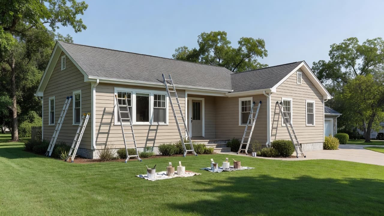 Exterior House Painting Cost Lino Lakes in 2026 2 A fresh coat of neutral paint being applied to the wooden siding of a house.