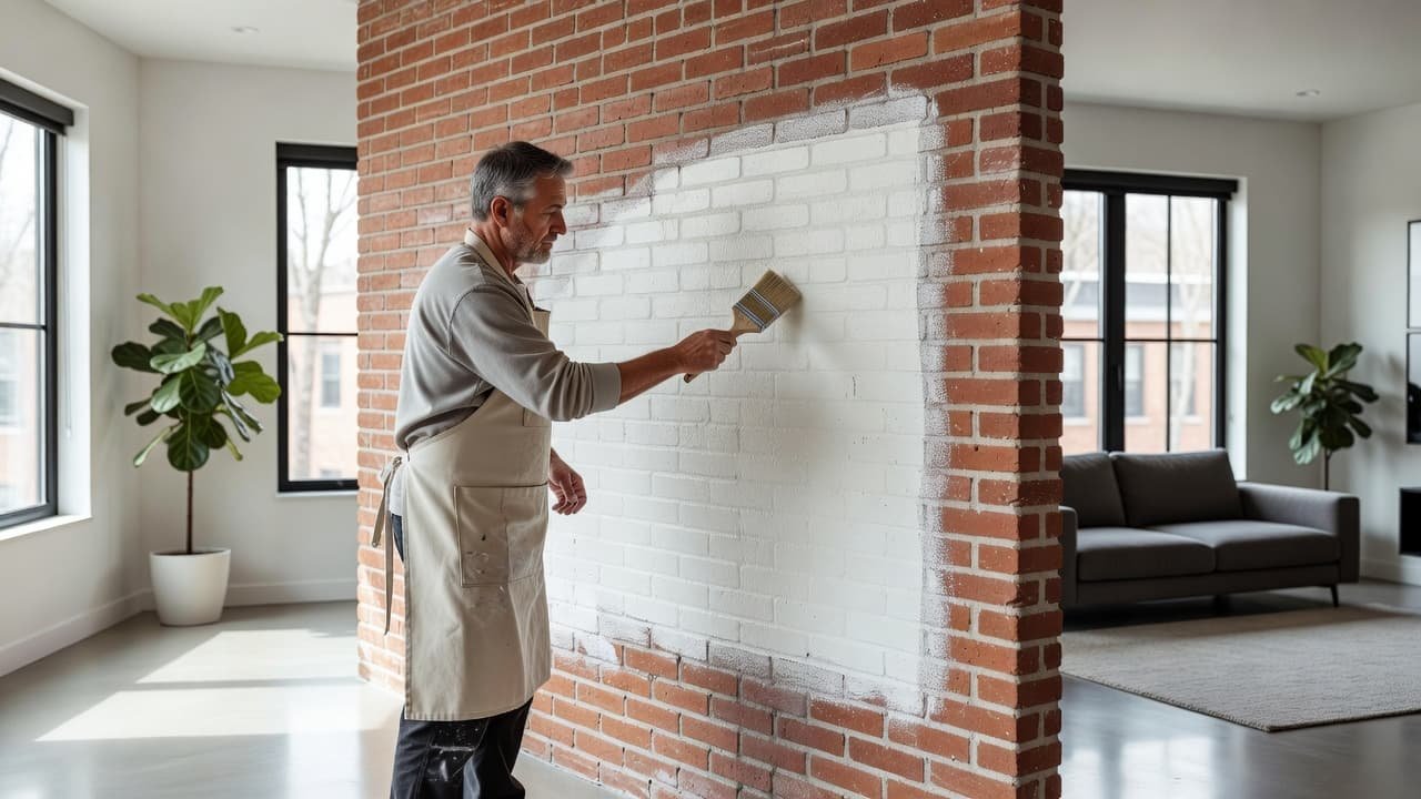 Minneapolis Interior Brick Painting Prices for 2026 2 A professional painter applying primer to an exposed red brick wall.