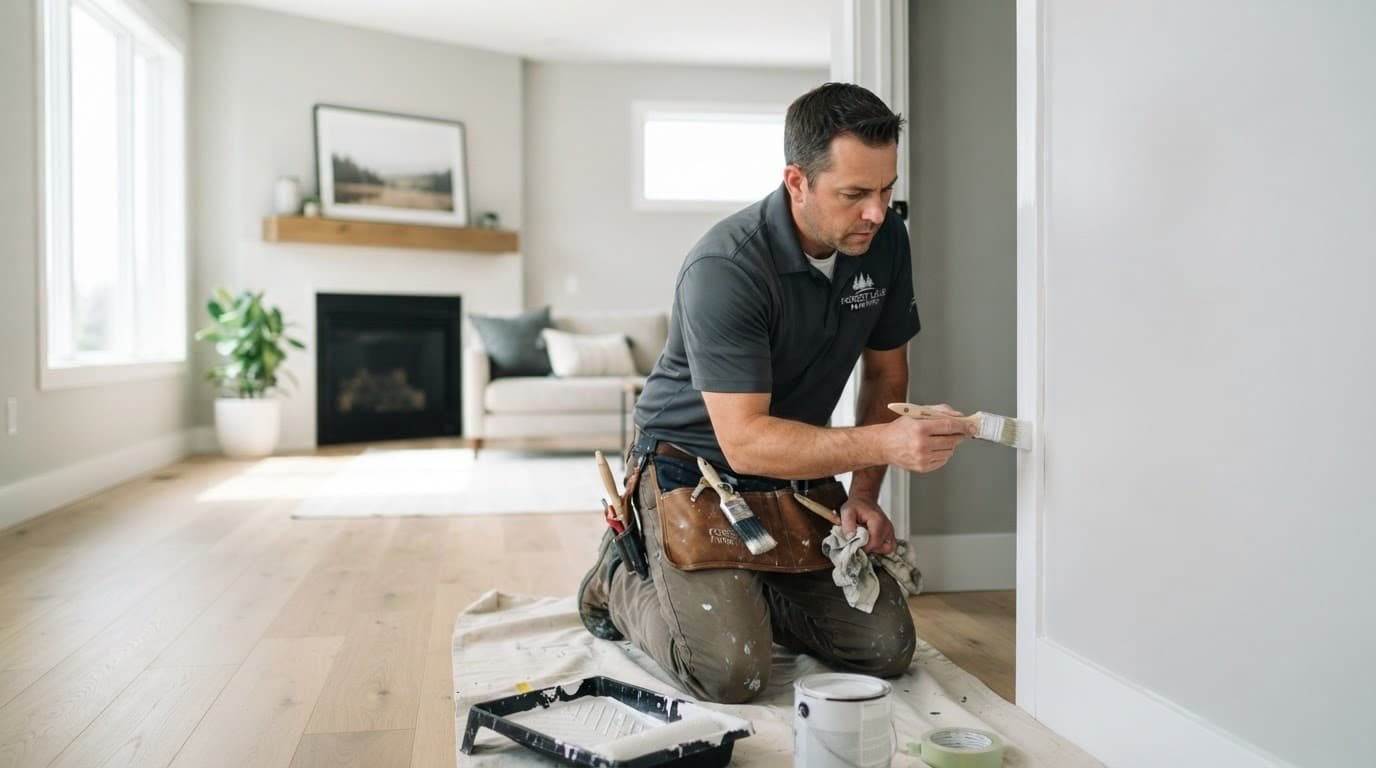 Interior House Painting Cost in Forest Lake: 2026 Prices 2 A professional painter carefully applies trim paint in a bright residential living room.
