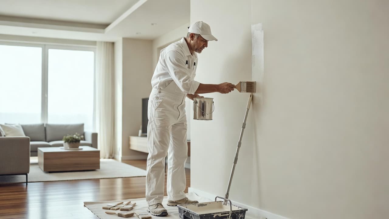 Brooklyn Park Interior Painting Cost: 2026 Price Guide 2 A professional painter uses a brush to paint a bright wall in a modern living room.