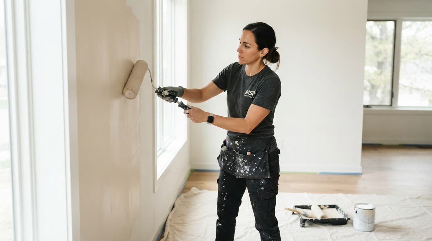 Hastings Interior Painting Cost Guide for 2026 2 A painter uses a roller on a clean wall in a modern home.