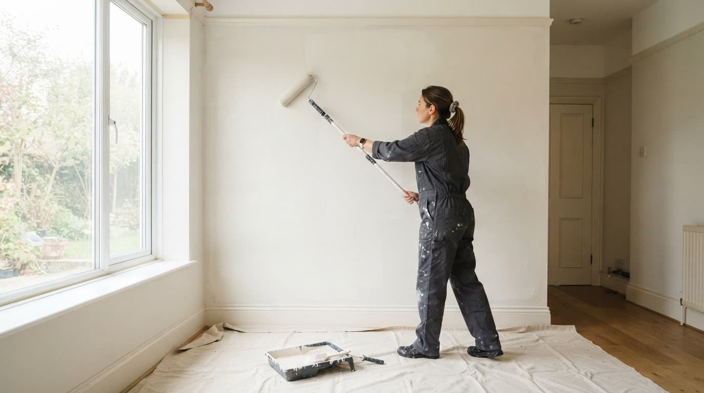 A professional painter rolling fresh neutral paint onto a bright living room wall.