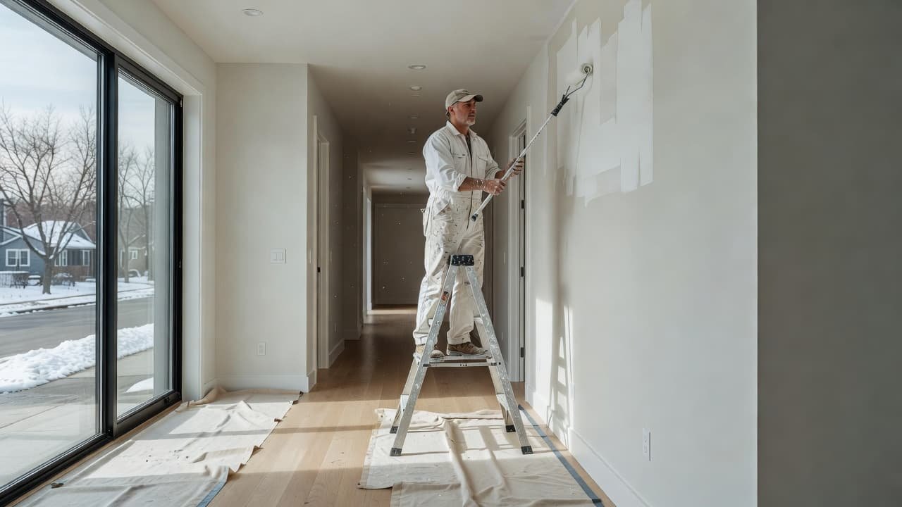 A professional painter applies fresh interior paint to a bright hallway wall.