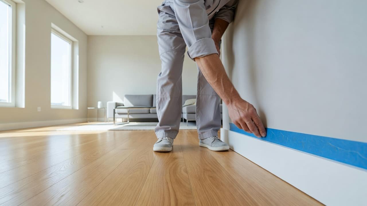 Mahtomedi Interior Repainting Costs for 2026 2 A professional painter applies blue tape to baseboards in a clean room.