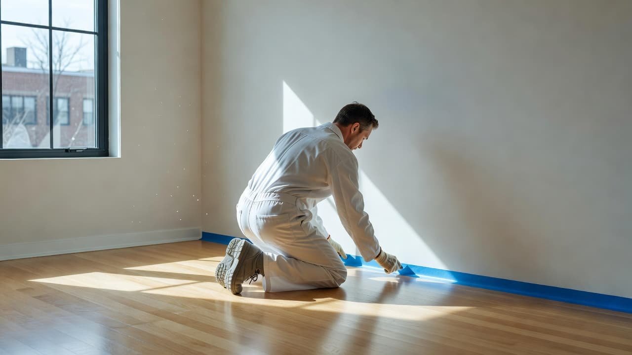 A focused painter in neat work gear applies blue tape along a crisp white corner of a wall. Bright sunlight streams into the modern home, highlighting the clean, precise preparation work.