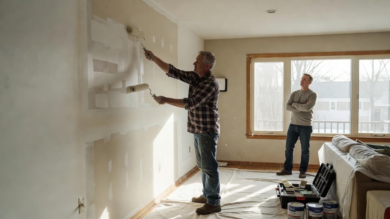 Minneapolis Ice Dam Paint Repair Costs for 2026 2 A residential painter rolling fresh paint onto a patched living room wall.