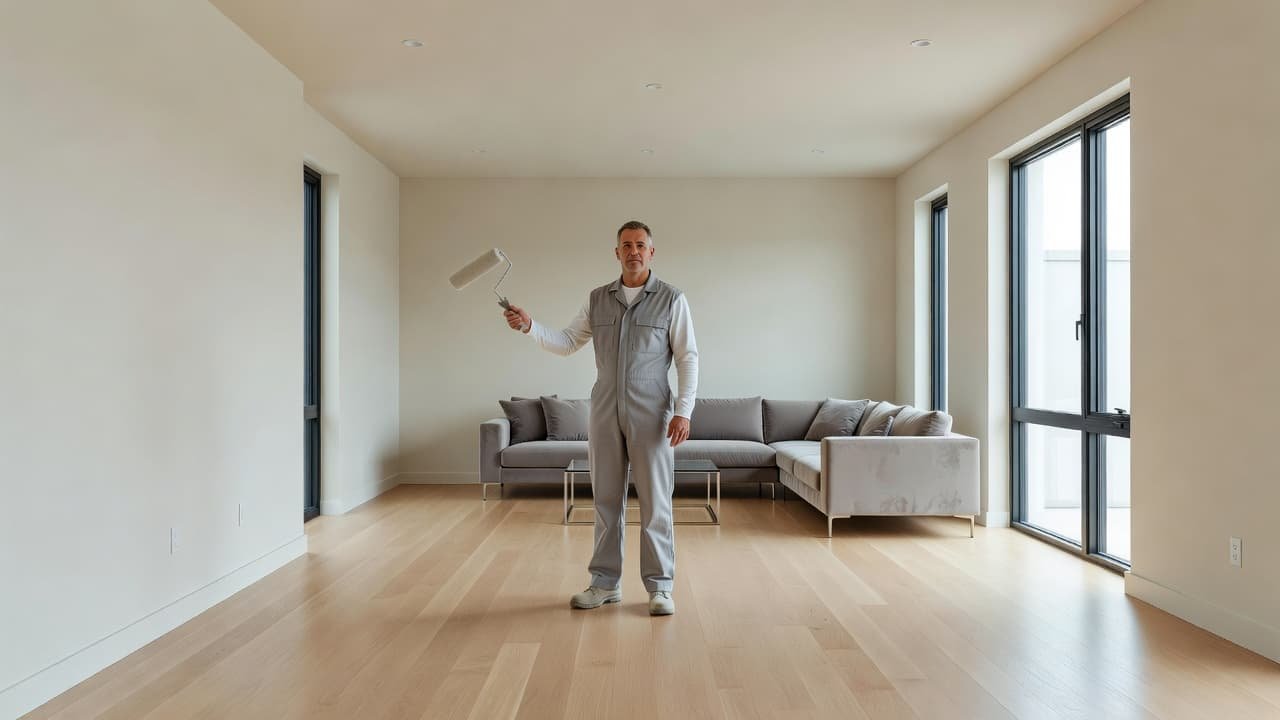 Interior Painting Cost Minneapolis: Rush Work This Week 2 A skilled painter in professional work clothes stands in a pristine living room while holding a paint roller. Bright natural light streams through large windows onto the freshly painted neutral walls.