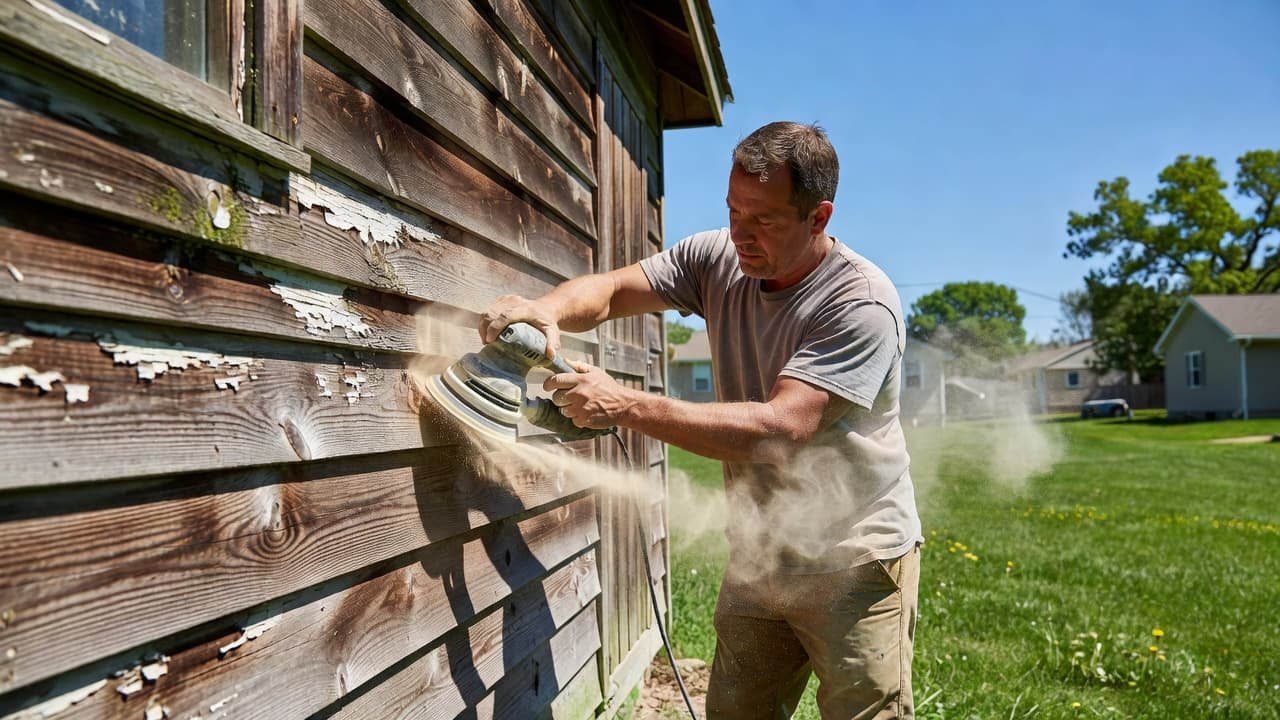 A contractor uses a sanding tool on a wooden shed wall in a backyard.