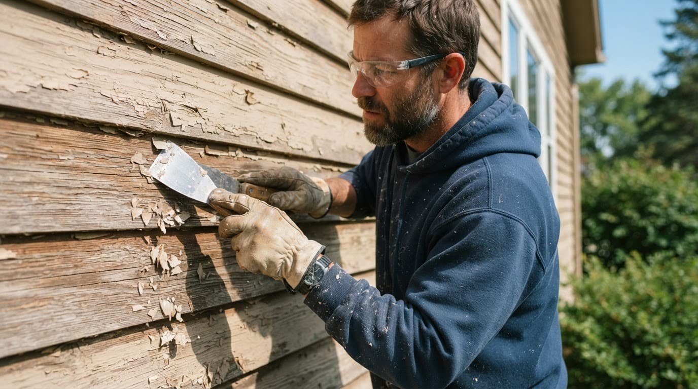A worker scraping old paint from wooden house siding in bright sunlight.